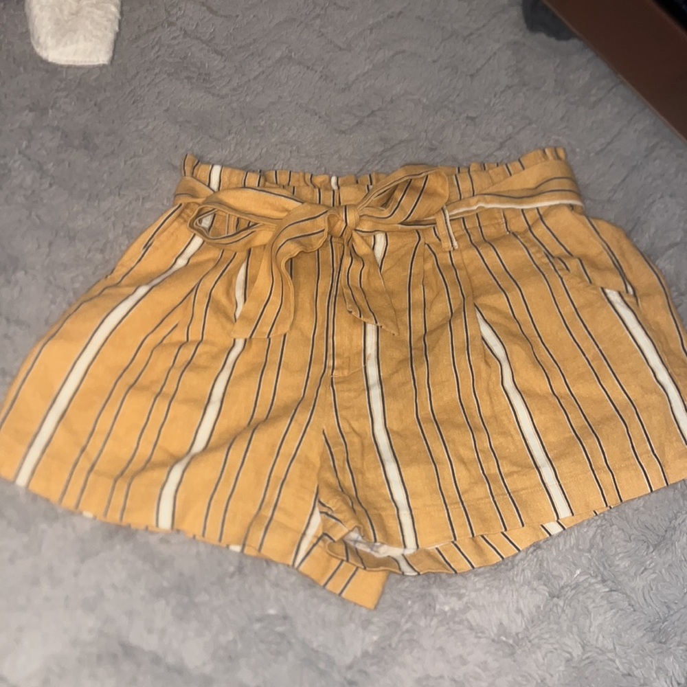 Bebop mustard yellow with black and white striped shorts with tie